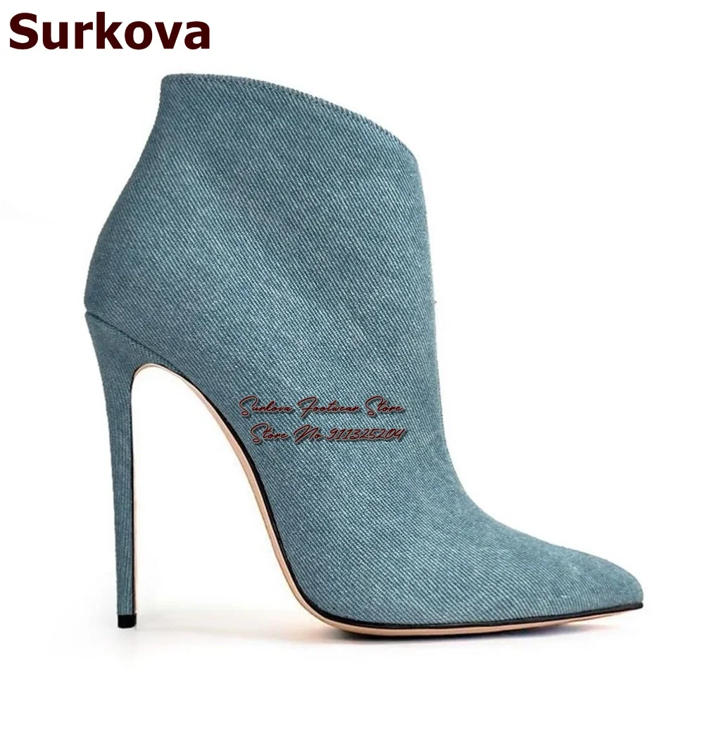 

Surkova Blue Denim Thin High Heel Ankle Boots Simple Desinger Elegant Jeans Short Booties Pointed Toe Dress Pumps Size46