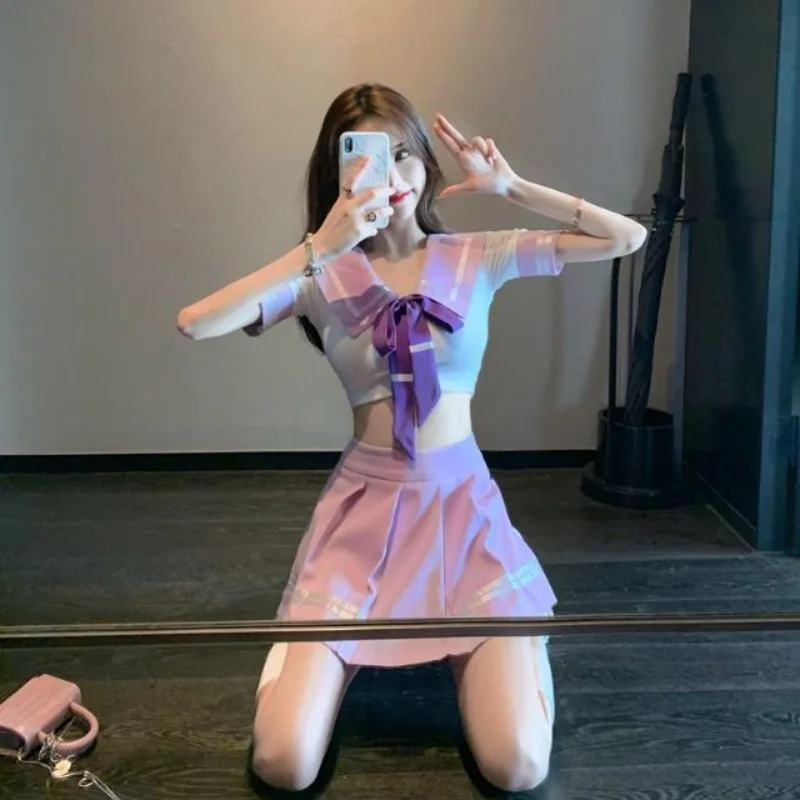 

Korean Fashion Bow Sailor Collar Jk Top for Women+ Y2k High Waist Ruched A-line Skirts 2025 Summer New Two Piece Sets