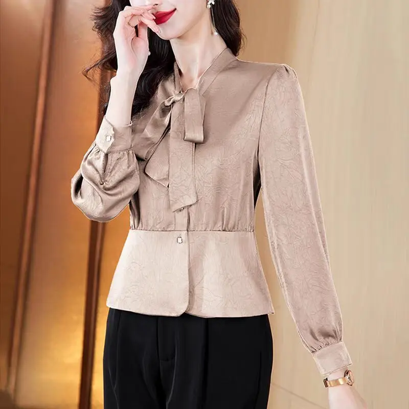 

Модная и красивая корейская версия, простая тонкая рубашка с бантом, базовая рубашка с длинными рукавами, топ, маленькая рубашка