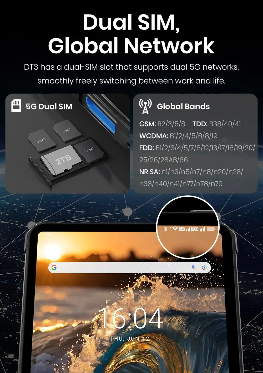 Fossibot Dt3 5g Rugged Tablet, Android 15, 10.4" Display, 12Gb Ram 256Gb Rom, Wifi 6, 66W Fast Charge, 64Mp+32Mp Camera, Nfc