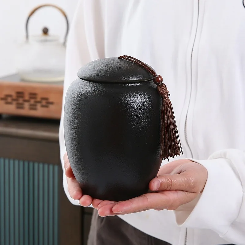 S/M/L Black Frosted Ceramic Tea Jar, Moisture-proof Sealed Storage Jar, Retro Art Decoration Jar, Living Room Decoration Gift