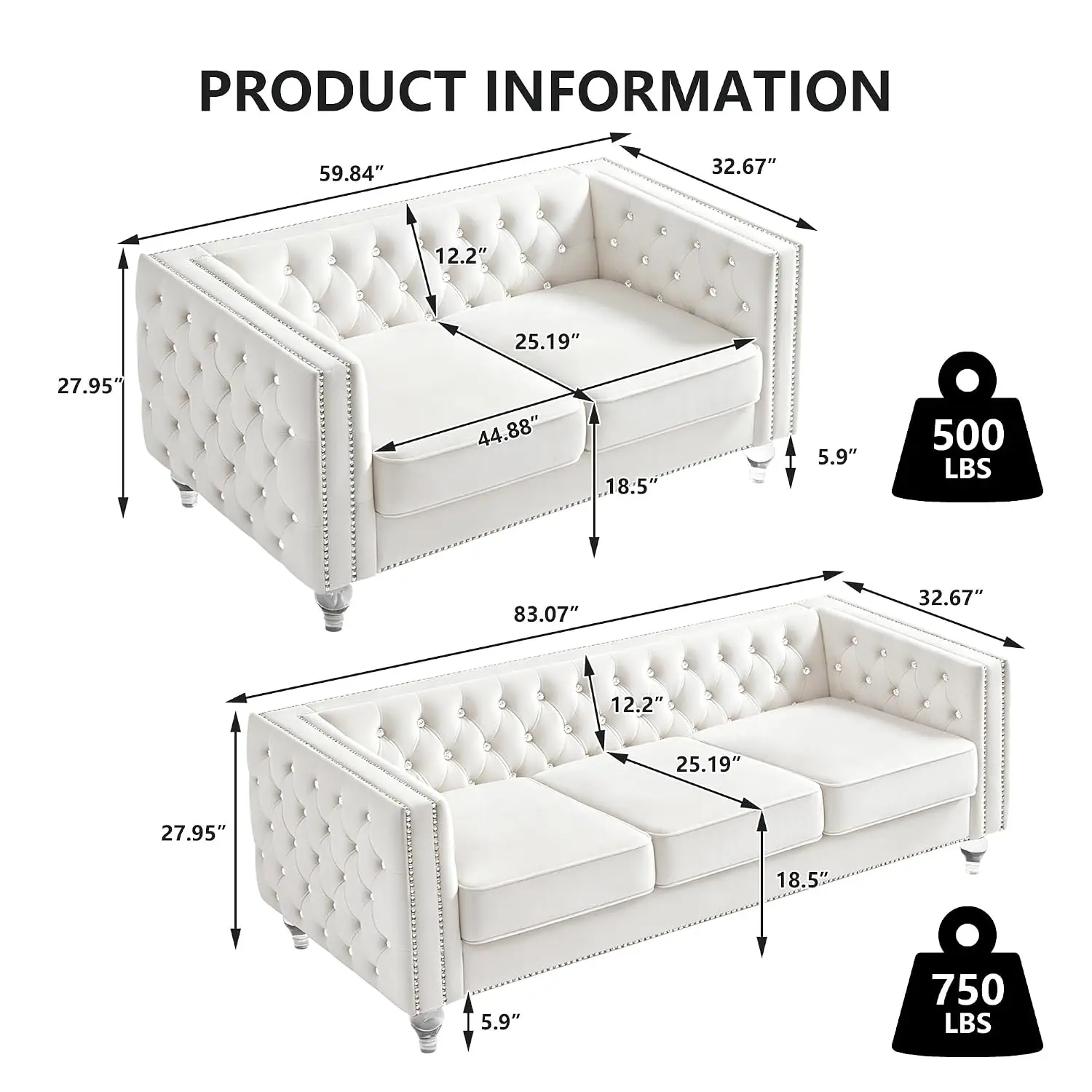 2 Piece Chesterfield Sofa Couch Set for Living Room,Luxury Crystal Button Tufted Sofas with Silver Nailhead Trim, Customized