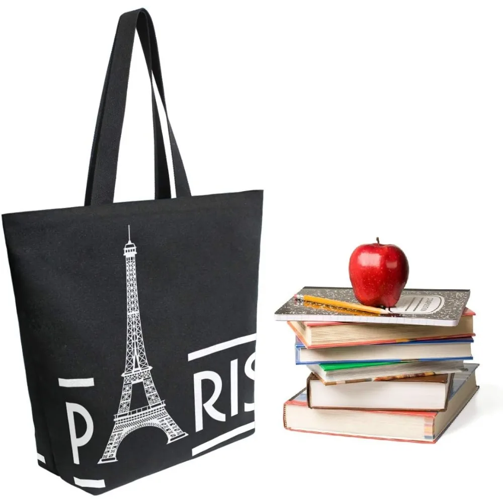 Stylish Eiffel Tower Paris Pattern Extra Large Canvas Shoulder Tote Top Storage Handle Bag for Gym Beach Weekender Travel