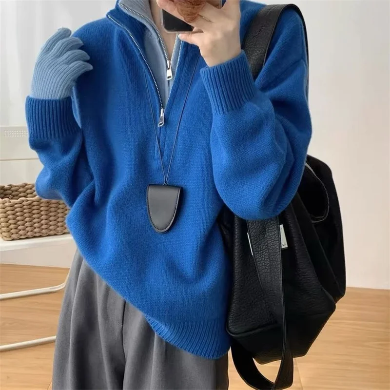 

Spring Autumn New Splicing Knitwear Pullovers Sweater Women Loose Fashion Knitwear Fake Two Piece Set Female keep warm Bottom