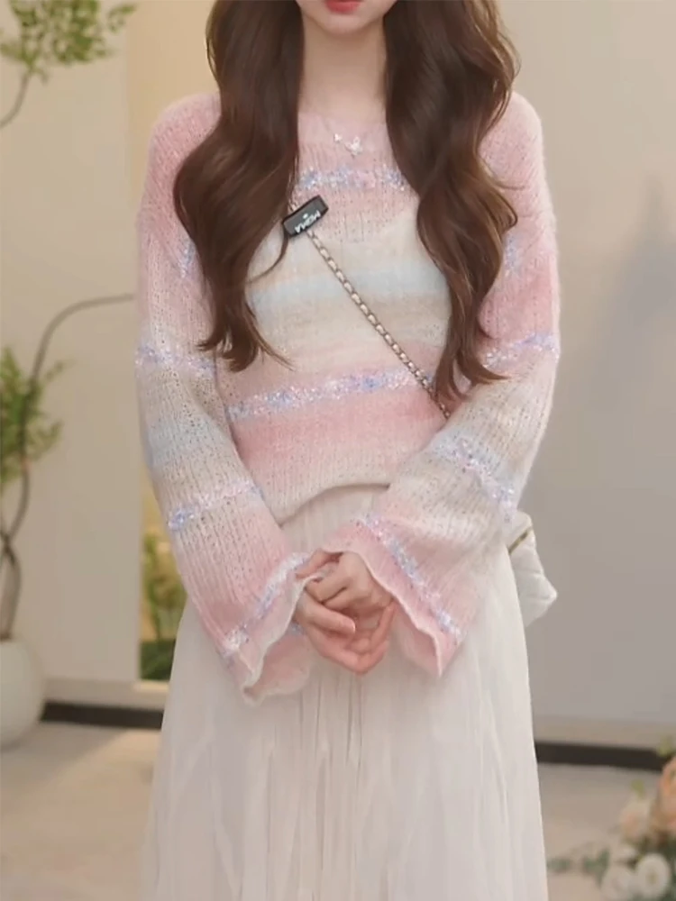 

Корейский вязаный свитер большого размера, розовый, круглый вырез, мягкий, удобный, модный, повседневный, стильный, для весны и осени