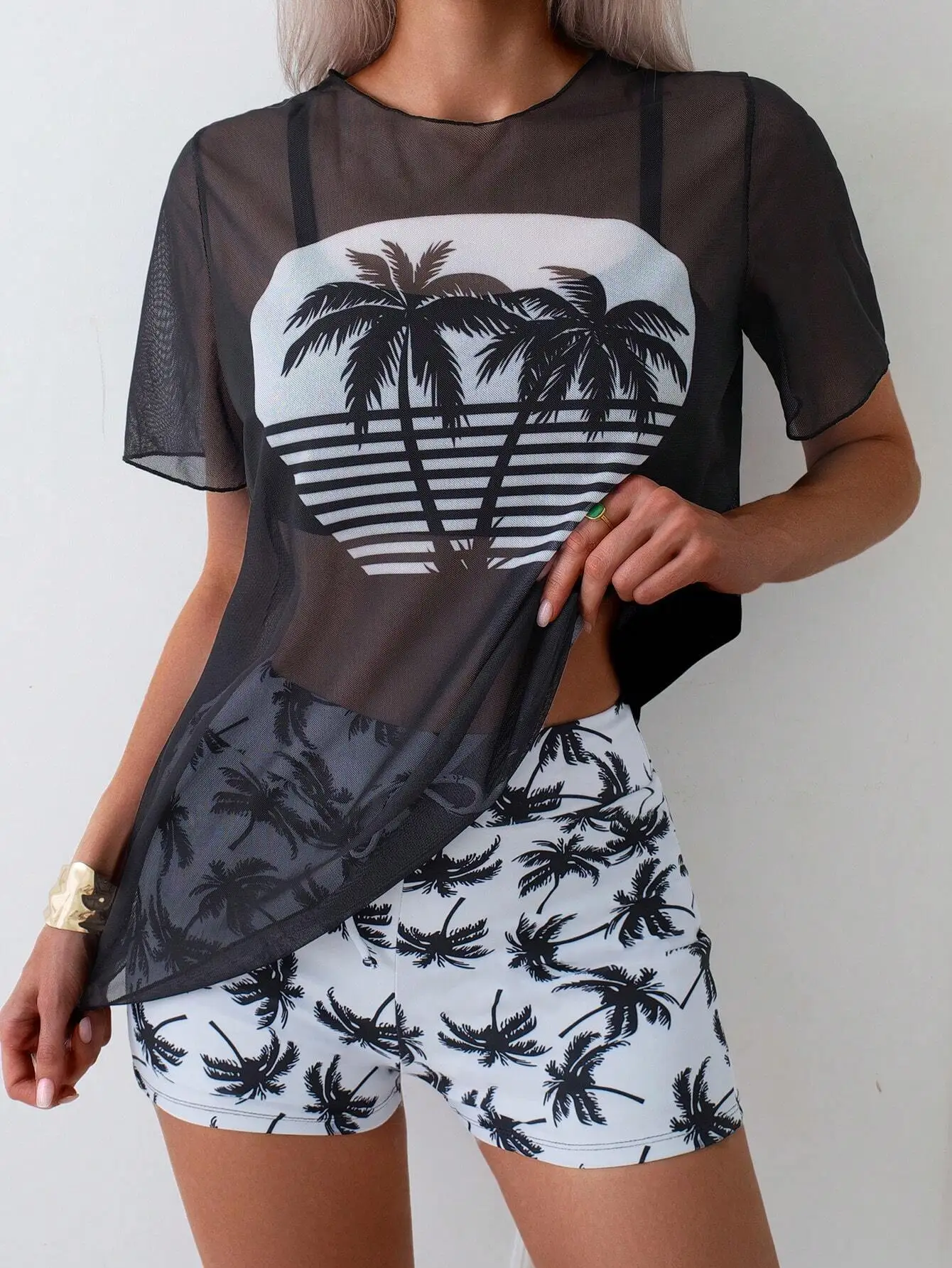

Women Palm Tree Print Sheer Cover Up Top And Shorts Swimwear Set