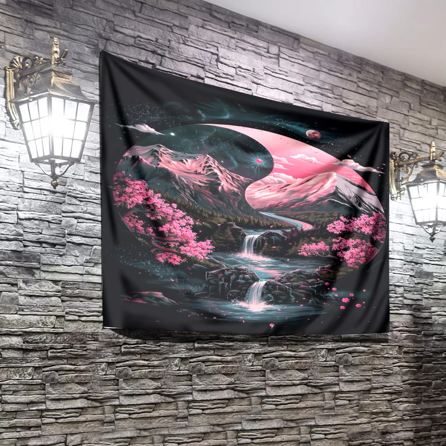 1PC Digital Printed Tapestry Wall Hanging, Yin Yang Mountain Cherry Waterfall, Oriental Zen Landscape Wall Art Decor