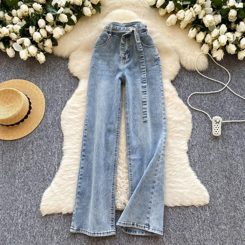 Korean style casual with belt fashion jeans women spring new high waist slim and versatile narrow version straight leg pants