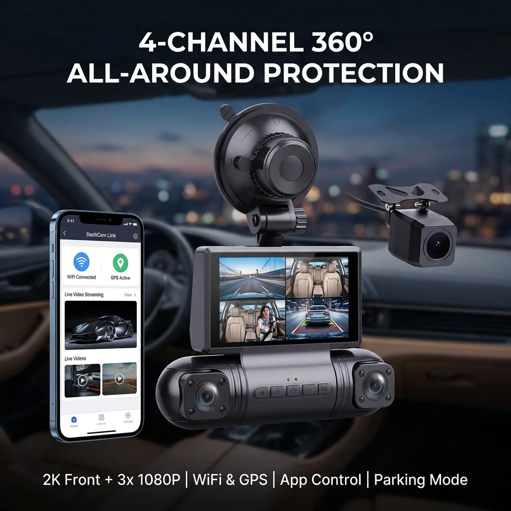 4 Channel Dash Cam 2K Front +1080P Left Right Rear Car DVR Camera WiFi Night Vision 3.0