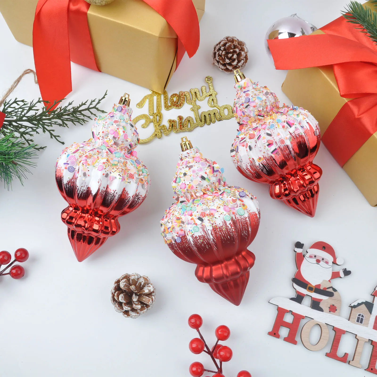 

3Pc Red Red Swirl Ice Cream Cone Ornaments Christmas Tree Ornaments - Ice Cream Ornaments - Dessert Ornaments for Christmas Tree