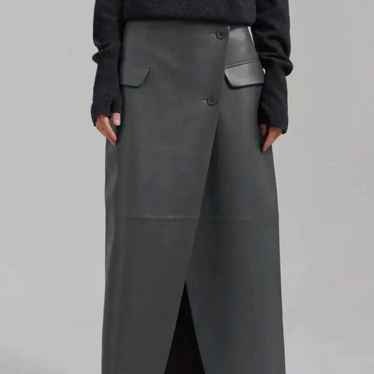 

Faionable High Waist PU Leather Split Skirt Women's Commute Sle Long Skirt Ele Classy Trendy Split Design