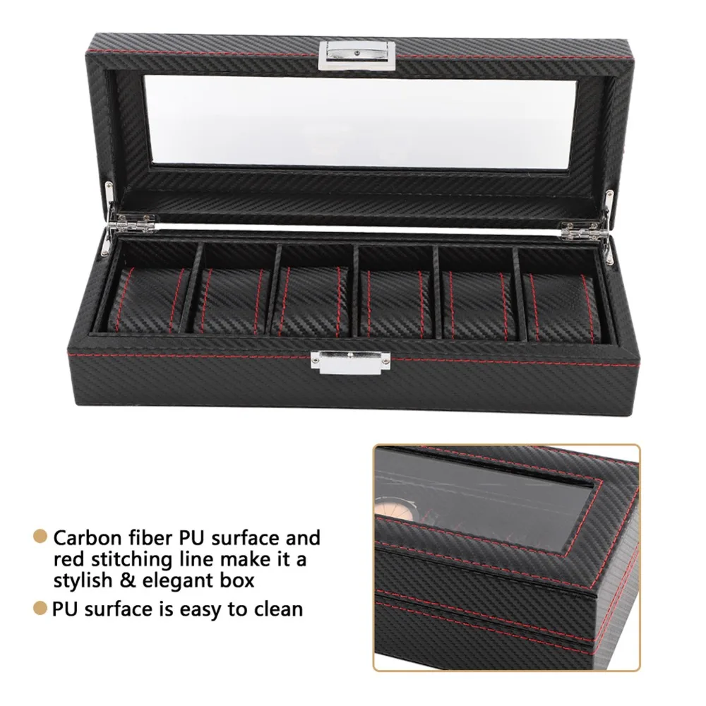 

Прочная коробка для часов из углеродного волокна с прозрачным окном, 6 слотов, органайзер для хранения часов Red Line, роскошный органайзер для часов, домашнее хранение
