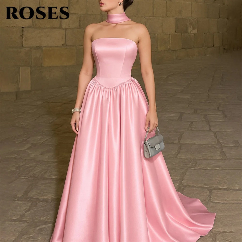 

ROSES Pink Party Dresses Strapless Draped Neck Scarf Evening Dresses Satin A Line Modest فساتين السهرة Customized
