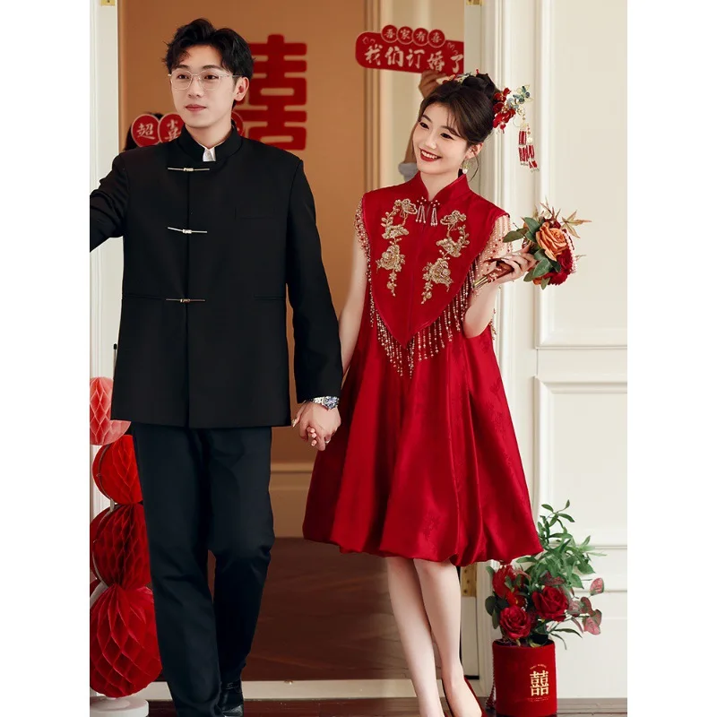 Vestido de compromiso para mujer, Cheongsam chino con cuello Halter, vino tinto, brindis, boda, vestidos de mañana, interés especial, ligero, lujo, verano