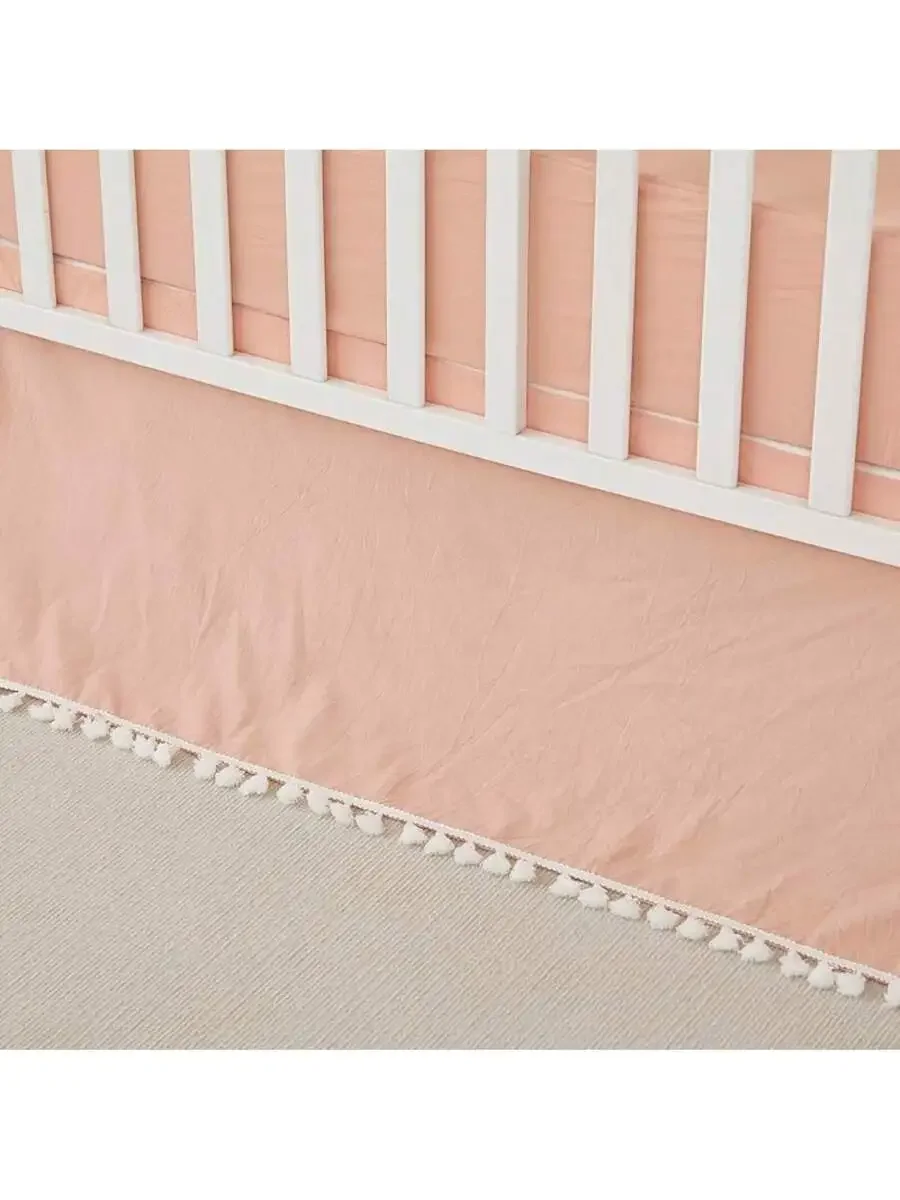 

Boho Farmhouse Bed Skirt With Pom Pom Trim Washed Cotton Ruffle