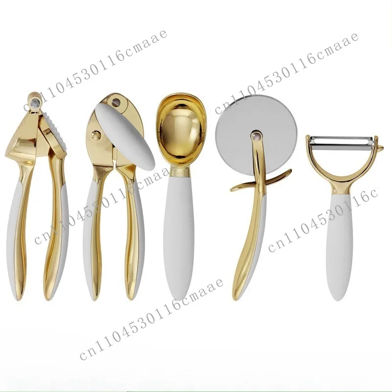 Fruit paring knife, pizza cutter, pancake wheel, garlic press, can opener, ice cream spoon, zinc alloy, kitchen gadgets