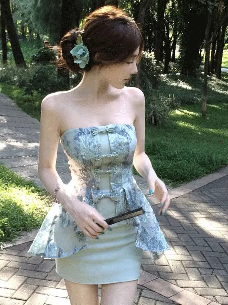 KING BRAND New Chinese Style Wrap Dress Women's Summer Slimming Short Skirt Belted Bodycon Dress Fashionable Commute Wear