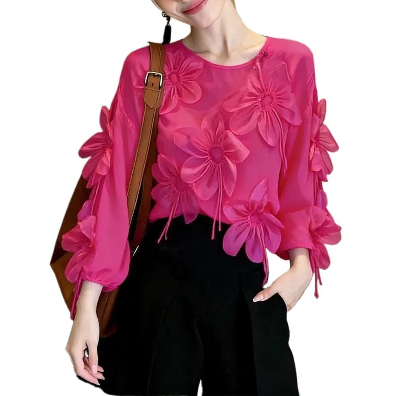 

Design Sense Three-dimensional Flower Long-sleeved Top Women's Spring New Loose and Thin Rose Red Age-reducing Shirt Temperament