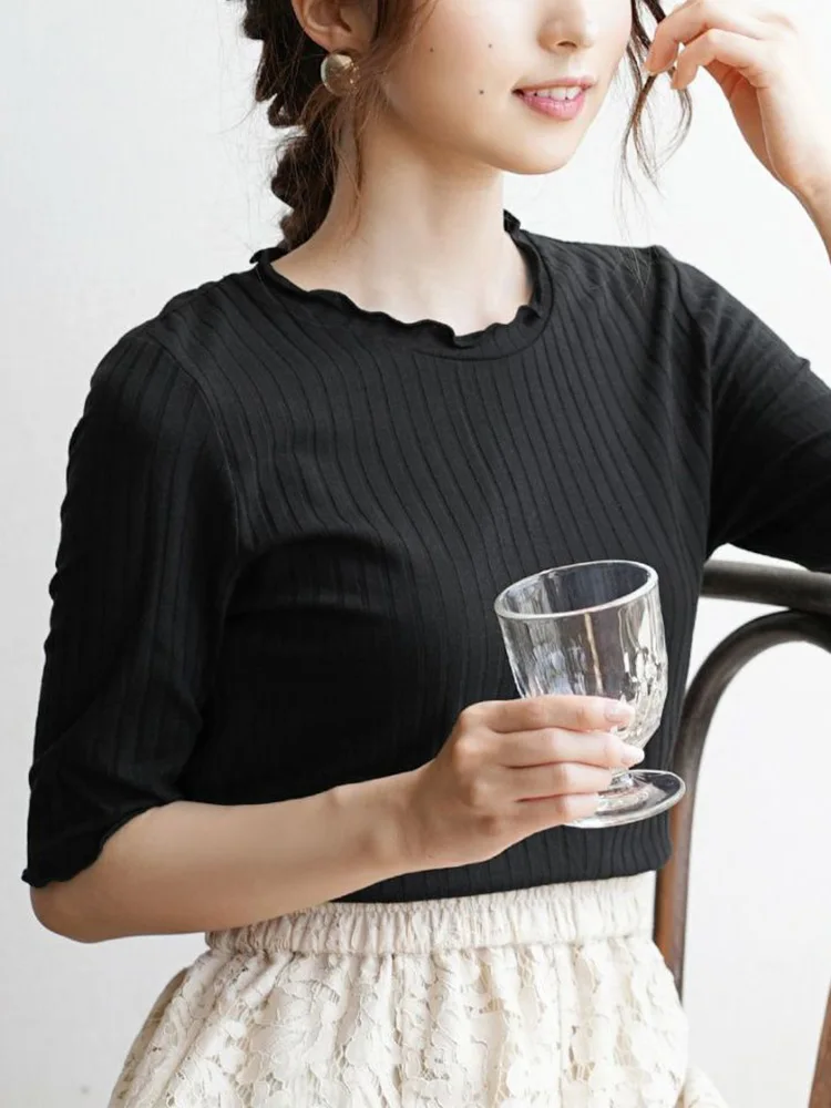 

Spring Summer Women's Slim Fit Elastic round Ne ort Sve T-irt Base irt Versatile Colors Commute Sle Regular Thic...