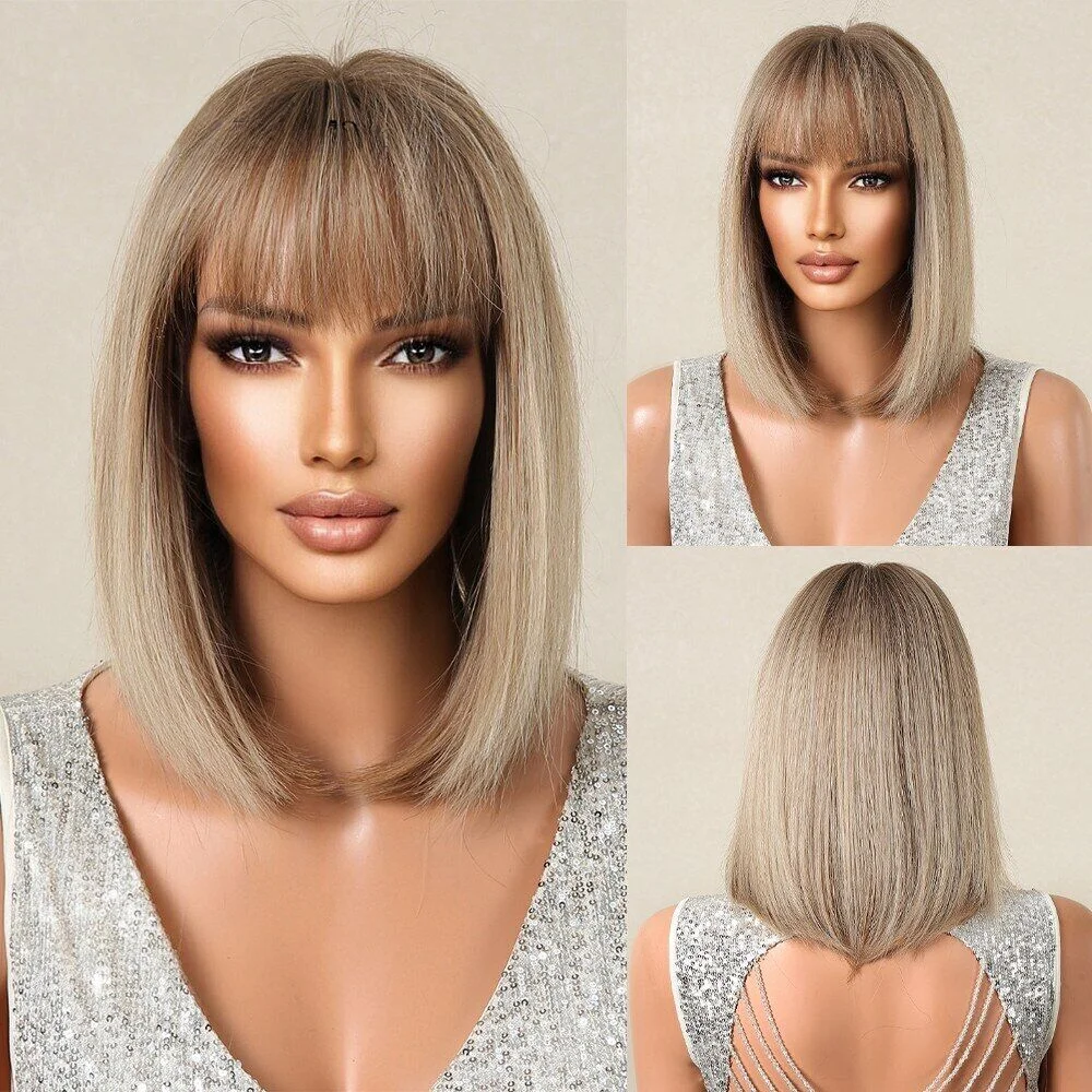 

Light Brown Short Straight Bob Wig Ombre Middle Length Synthetic Wigs