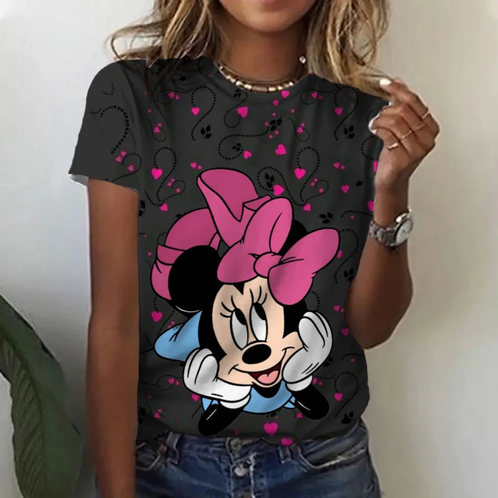 Moda Mickey Minnie Mouse Disney T-shirt kadın giyim yaz kısa kollu rahat Kawaii T shirt giysi Tops