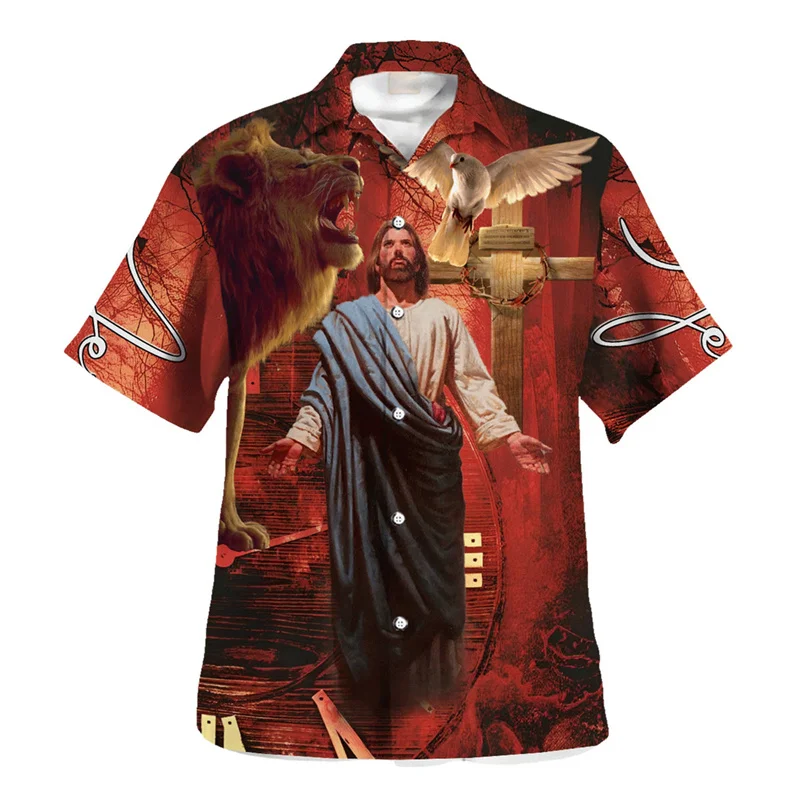 Retro Jesus Graphic Hawaiian Shirt For Men Clothes 3D Printed Christianity Shirts Tops Summer Street Short Sleeves Button Blouse