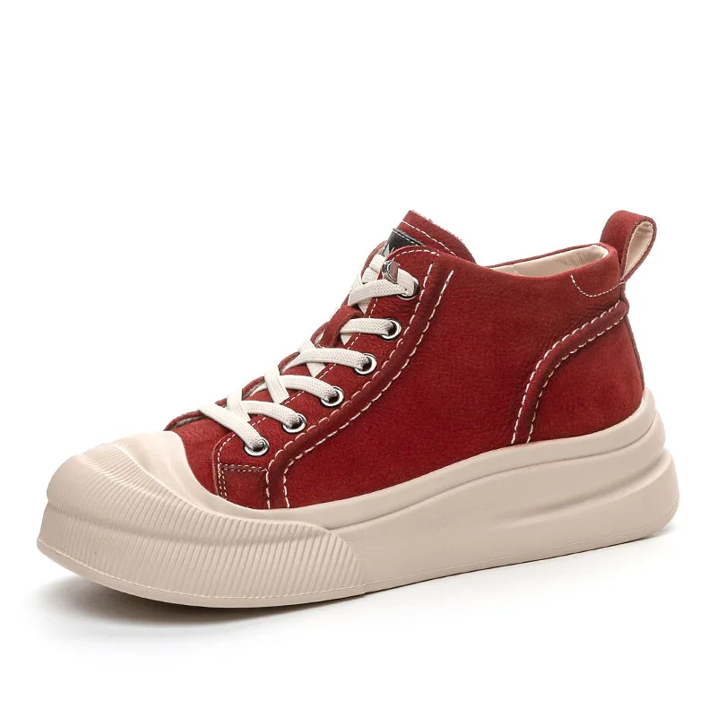 DRKANOL Fashion High Top scarpe Casual da donna Sneakers in vera pelle di mucca punta tonda con fondo spesso piattaforma scarpe da tavola leggere