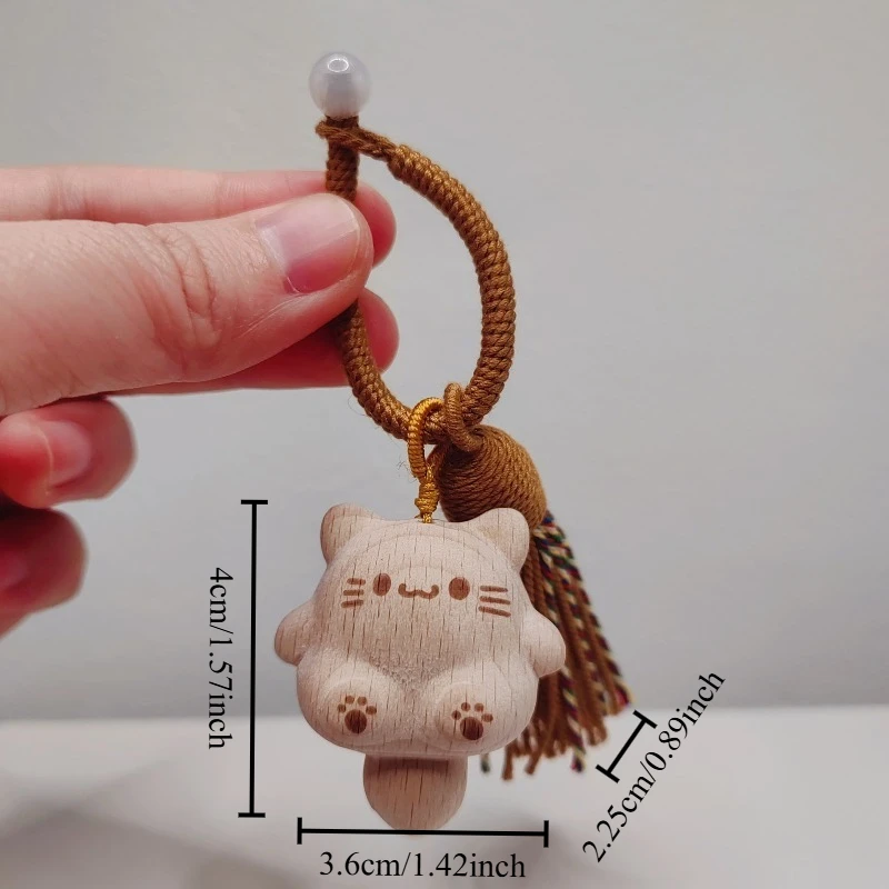Adorable Beech Wood Long Tailed Lucky Cat Carved Wooden Hanging Ornament Creative Gift DIY Kitten Landscape Ornament Home Decor