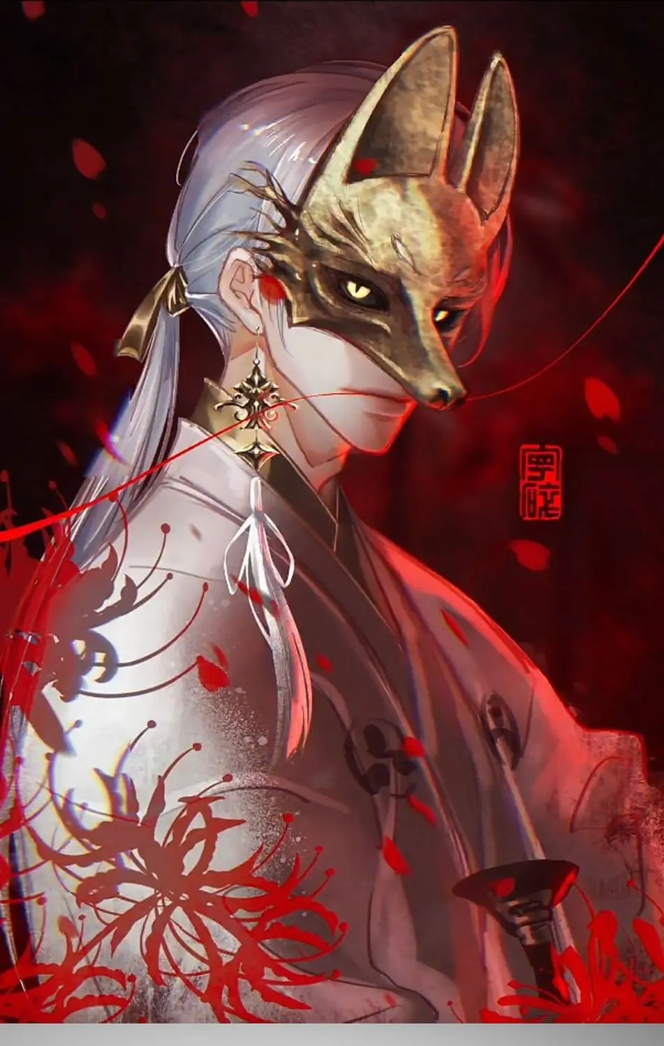 قناع الثعلب الصامت هيل f ثوب الكيمونو الياباني الأسود التدرج فستان طويل ملابس حفلات الهالوين Tsuneki Hisayuki تأثيري حلي شعر مستعار #2