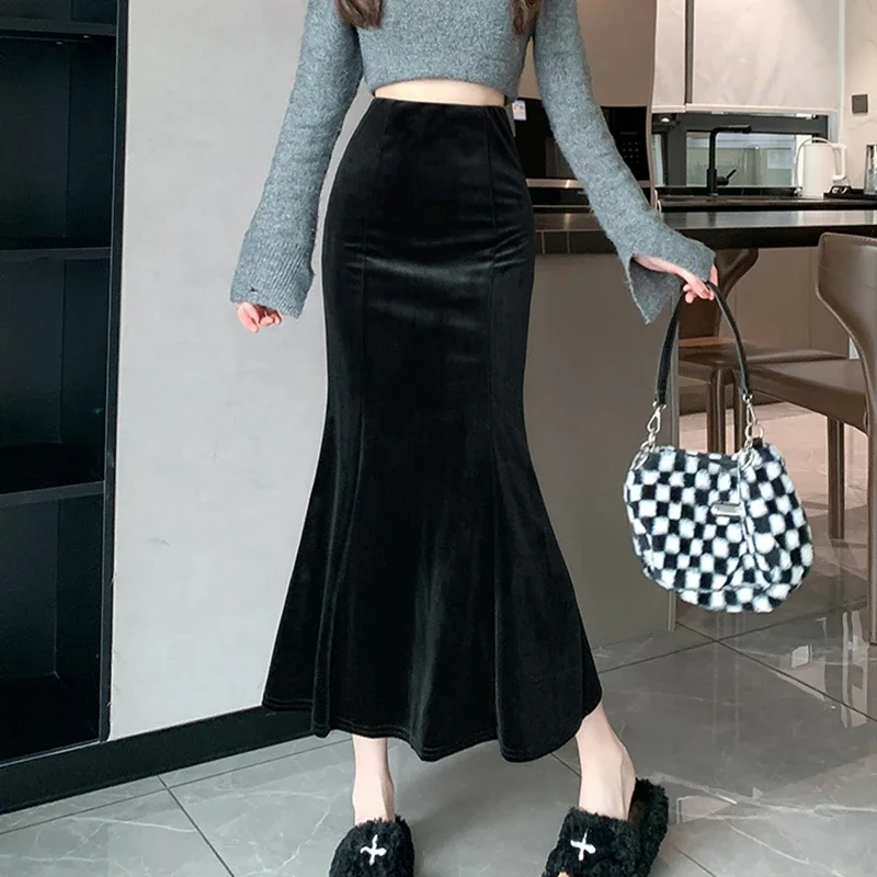 Elegant Velvet Black Long Skirts Women 2026 Casual High Waist Faldas Sexy Mujer Slim Korean Style Y2k Clothes Vintage Midi Skirt
