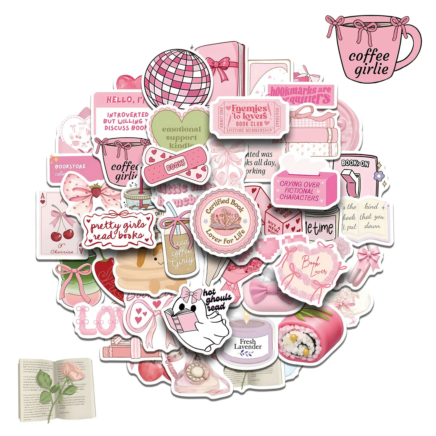 50PCS Pink Bookish Reading Stickers Kids DIY Diary Laptop Luggage Phone Skateboard Graffiti Decoration Decals Fun Children Toys