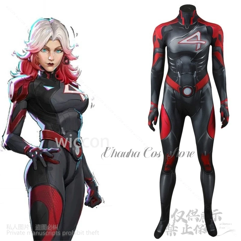 سوزان سو ستورم ريتشاردز أنيمي لعبة المنافسين تأثيري حلي الأسود والأحمر Zentai مثير القوطية بذلة الشرير جيراي كي كوسفسف