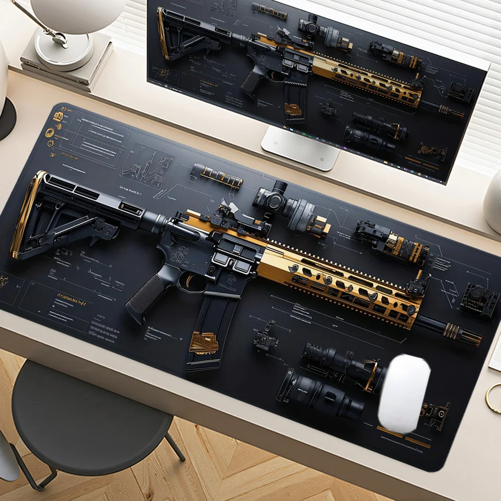 แผ่นรองเมาส์ลายปืนยุทธวิธี ขนาดใหญ่ อุปกรณ์เสริมสำหรับโต๊ะทำงาน แผ่นรองโต๊ะฐานยางพร้อมขอบเย็บ แผ่นรองเมาส์กันลื่นสำหรับสำนักงาน