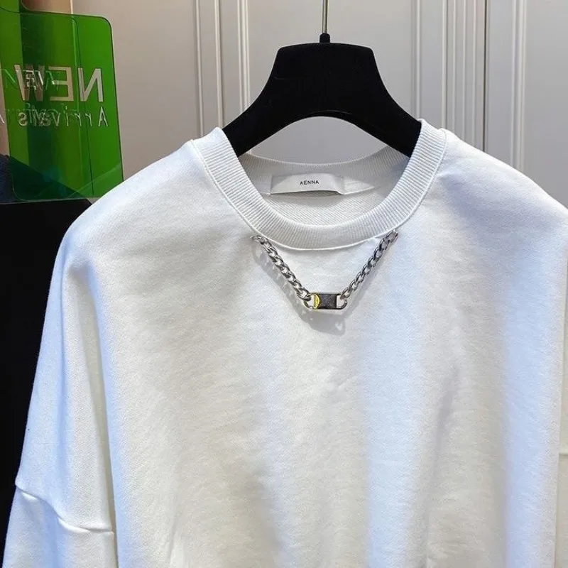 Vrouwen Koreaanse Lente Herfst Zwarte Sweatshirts 2023 Nieuwe Dame Mode Ketting Lange Mouw Trui Casual Joker Tops Vrouwelijke