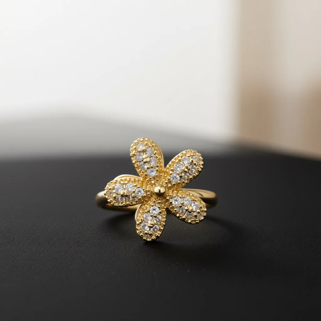Women Silver‑Tone Flower Zircon Ring, Five Petal Fully Pave Clear Stone Hollow Frame Luxe Jewelry Gift for Party Anniversary