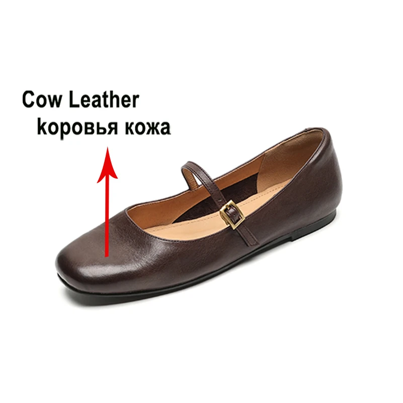 Meotina Women Genuine Leather Mary Janes Round Toe Flats Buckle Glove Shoes Ladies Fashion Casual Shoes Spring Autumn Brown 40