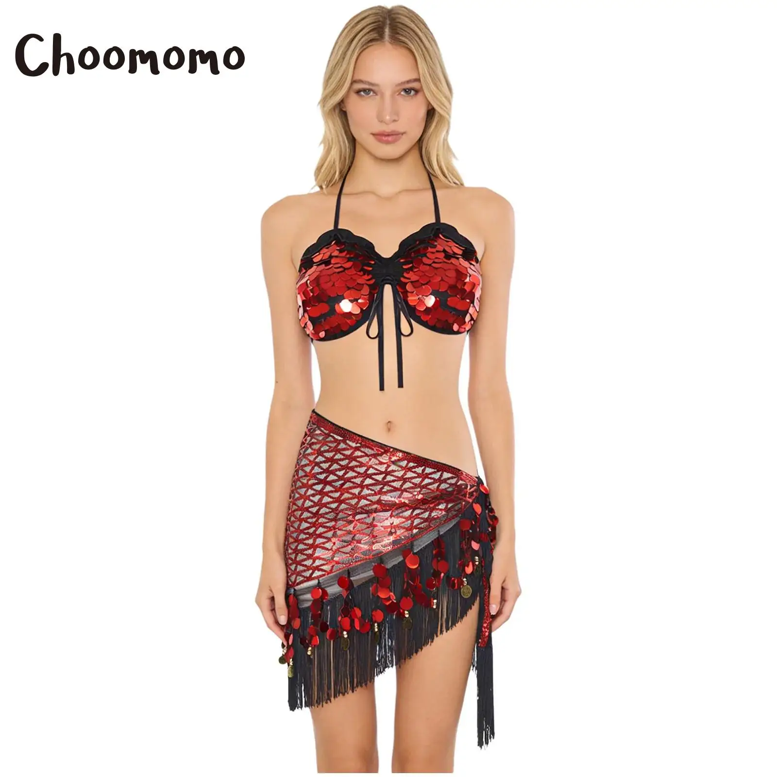 

Women Belly Dance Set Shiny Sequin Halter Lace-up Crop Top And Sequin Tassel Triangle Hip Scarf Waist Chain Hip Wrap Performance