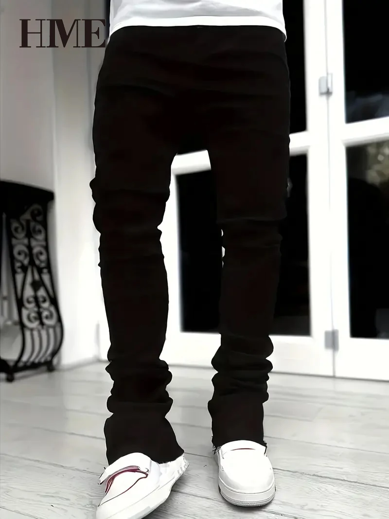 【HME】Men's Jeans | Slim Flared Stacked Denim Pants Feature Tailored Hip & Leg Fit, Raw Frayed Hems Plus Extended Length Create Natural Stacking Layers, Optimizes Leg Shape Visually and Lengthens Body Proportion for a Stylish Street Silhouette