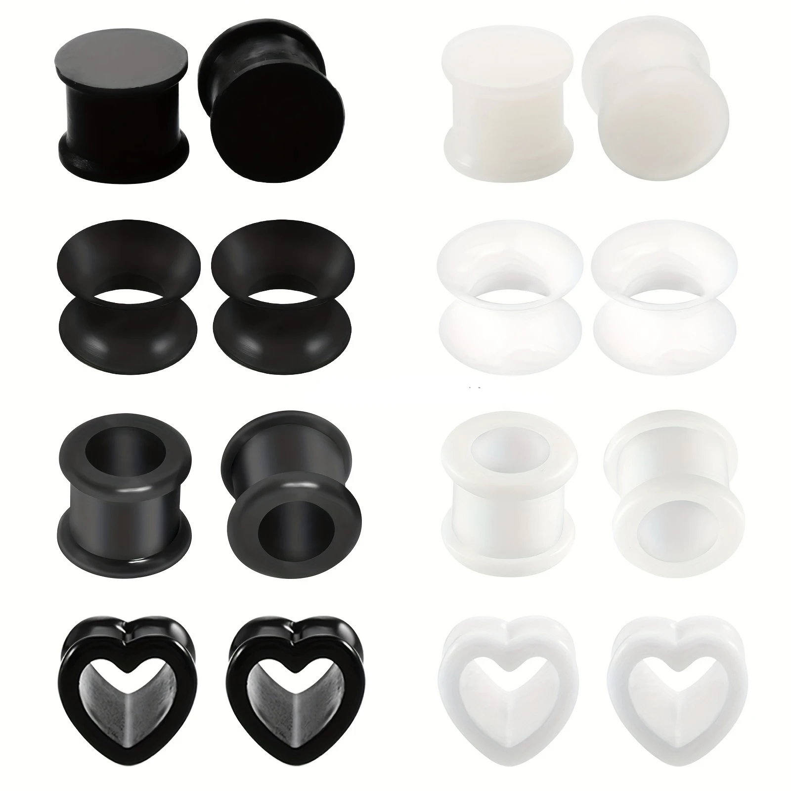 Juego de 2 piezas de joyería perforada de estilo punk 6 - 16 mm con tapones auriculares circulares en forma de corazón de silicona en blanco y negro