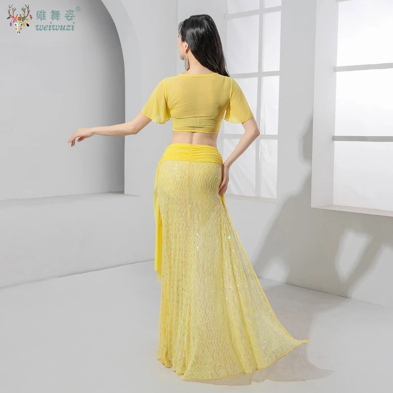 BellyDance Performance Costume for Women's Sexy V-neck Top+Sequins Long Skirt 2pcs Adult Oriental Belly Dancing Practice Clothes