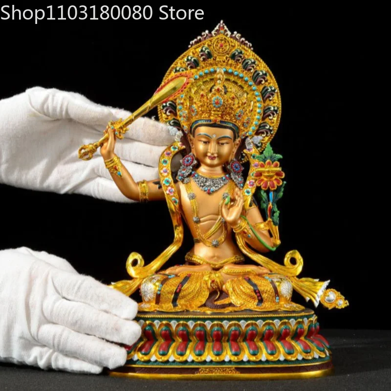 28cm Hand Painted Manjushri Bodhisattva Statue Copper Tibetan buddhism Manjusri Manjushree Wisdom Buddha Sculpture Altar