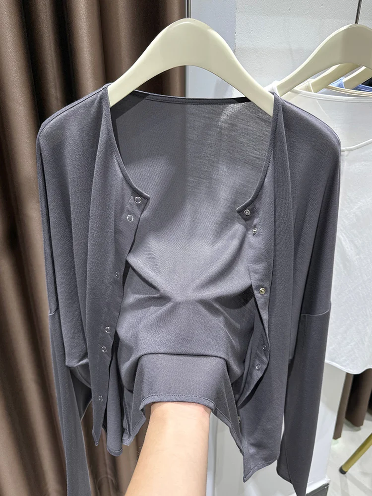 

Женский летний вязаный кардиган из ледяного шелка, свободный, тонкий, с открытыми плечами, для ношения поверх длинной юбки, легкая накидка