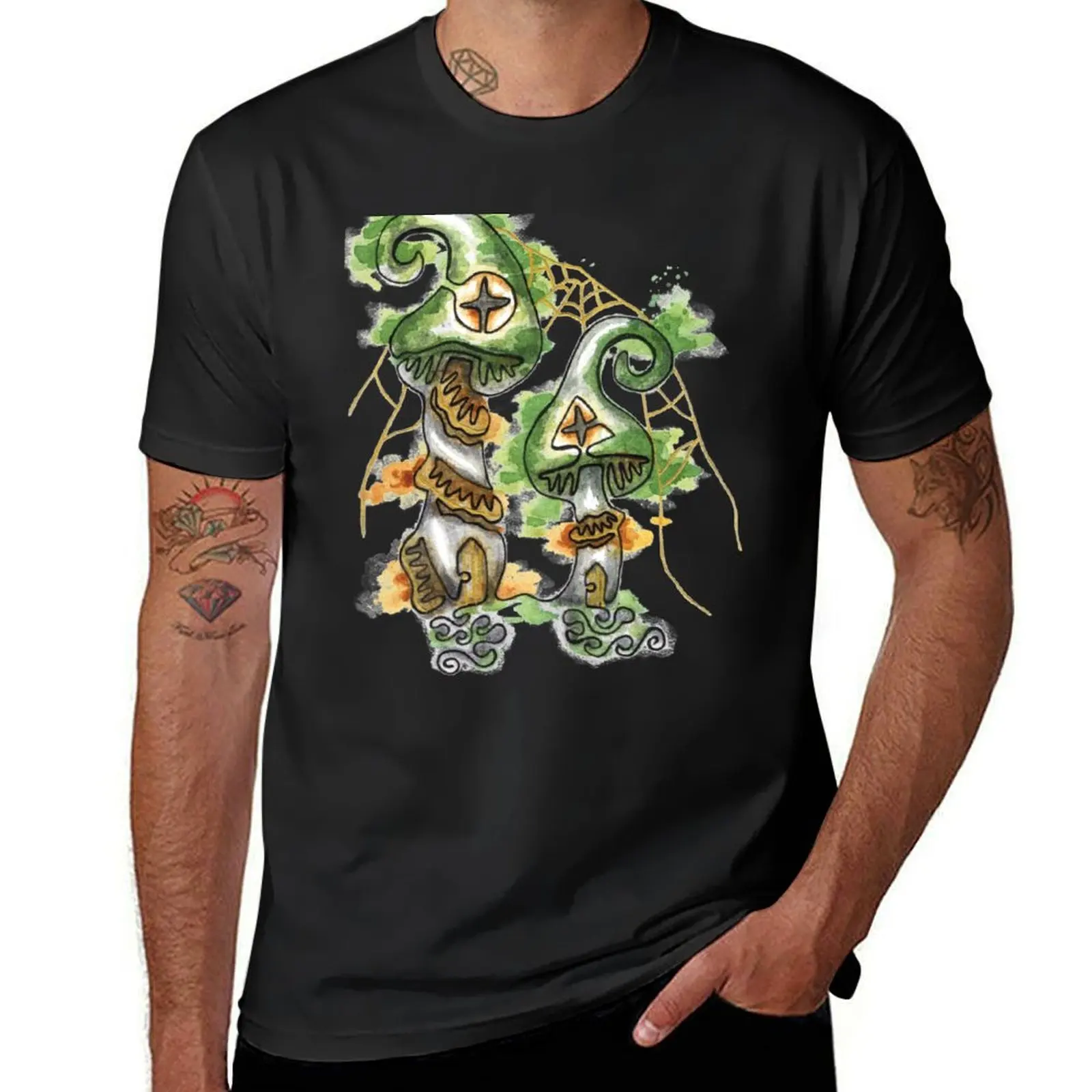 

Mushroom Fairy House Continuous Line Watercolor T-Shirt summer top custom t shirt oversized heavyweight t shirts for men