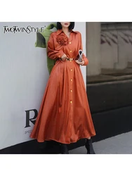 TWOTWINSTYLE Solid Patchwork Appliques Elegant Dress For Women Lapel Long Sleeve Spliced Single Breasted Midi Dress Female New