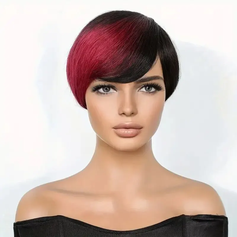 Wig lurus Pixie Cut murah Wig rambut manusia Burgandry campuran Wig Remy mesin penuh dibuat Wig 6 inci rambut manusia untuk wanita, FY 019