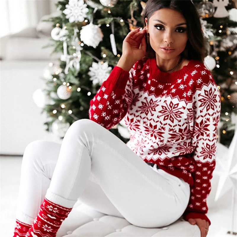 Women Sweater Christmas Snowflake Knitted Long Sleeve O Neck Ladies Jumper Fashion Casual Winter Autumn Printed Pullover Clothes