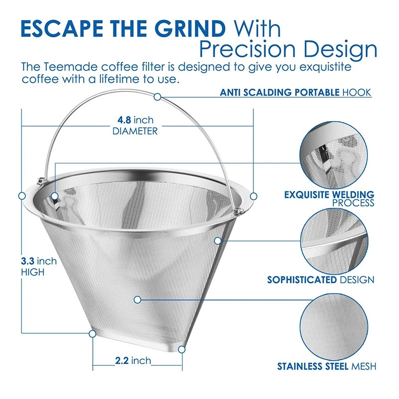 Cone Coffee Coffee Filter Reusable Stainless Steel Material with Handle