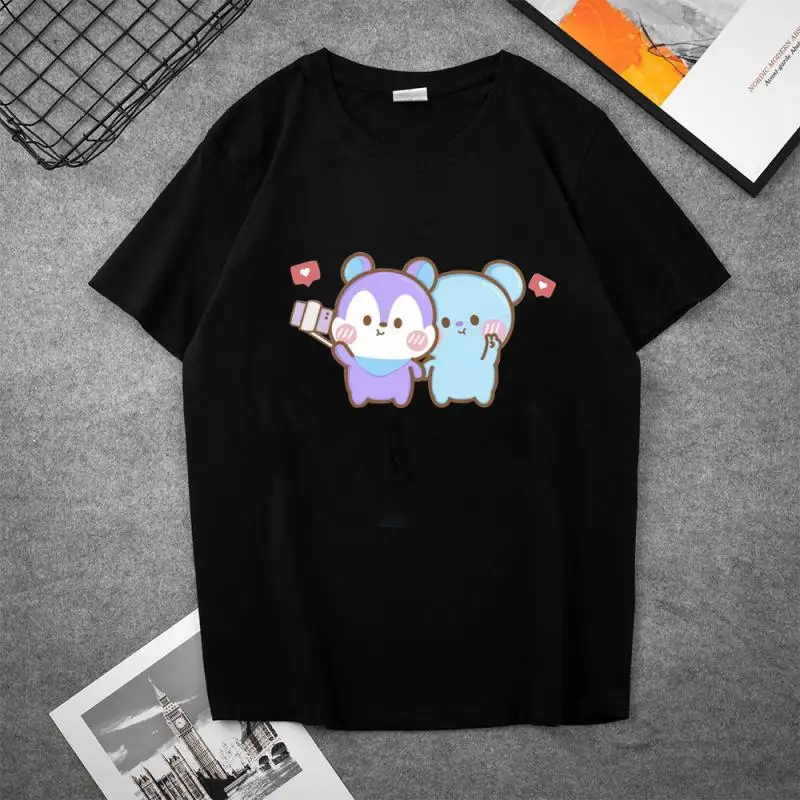 Cute Bt21 Cartoon Doll Printing Short Sleeve Summer Casual Simple T-Shirt Classic Black and White Round Neck Top Holiday Gift