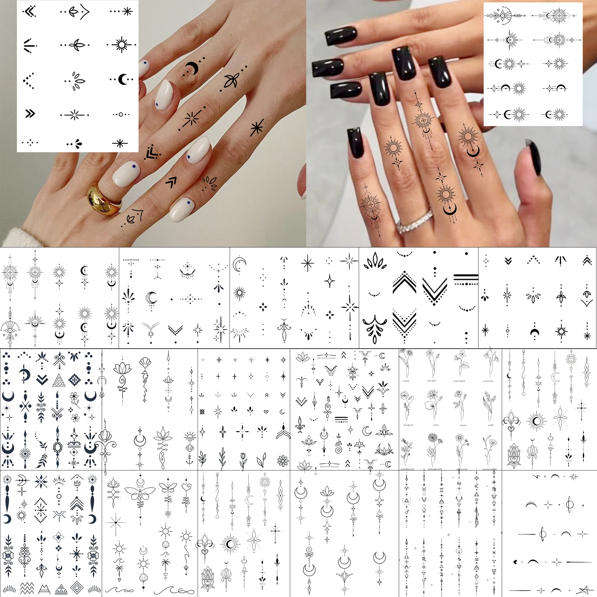 1 Sheet Crescent Flower Chain Temporary Tattoos Women Finger, Fake Tattoo Sticker Waterproof Realistic Last Long Tatoos Body Art