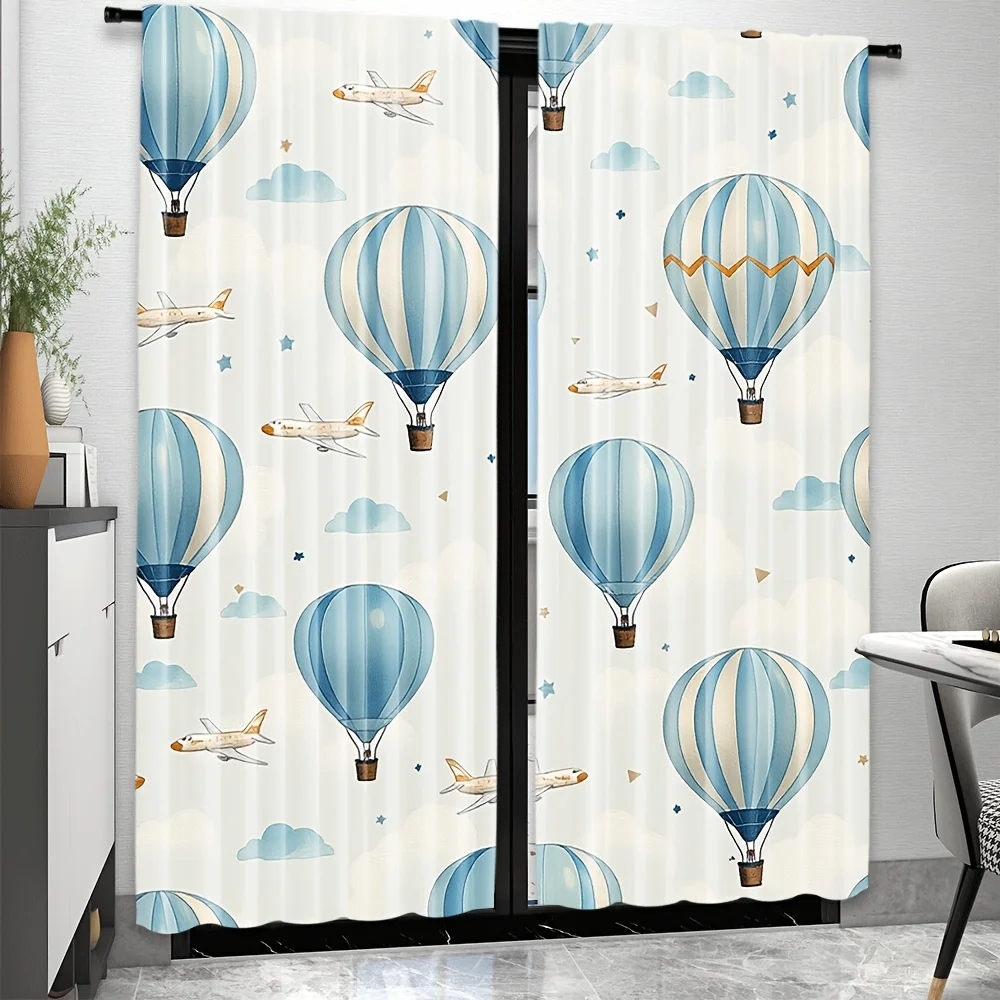 2pcs blue hot air balloon and airplane pattern curtain for kids room bedroom living room privacy and decor cute cartoon style